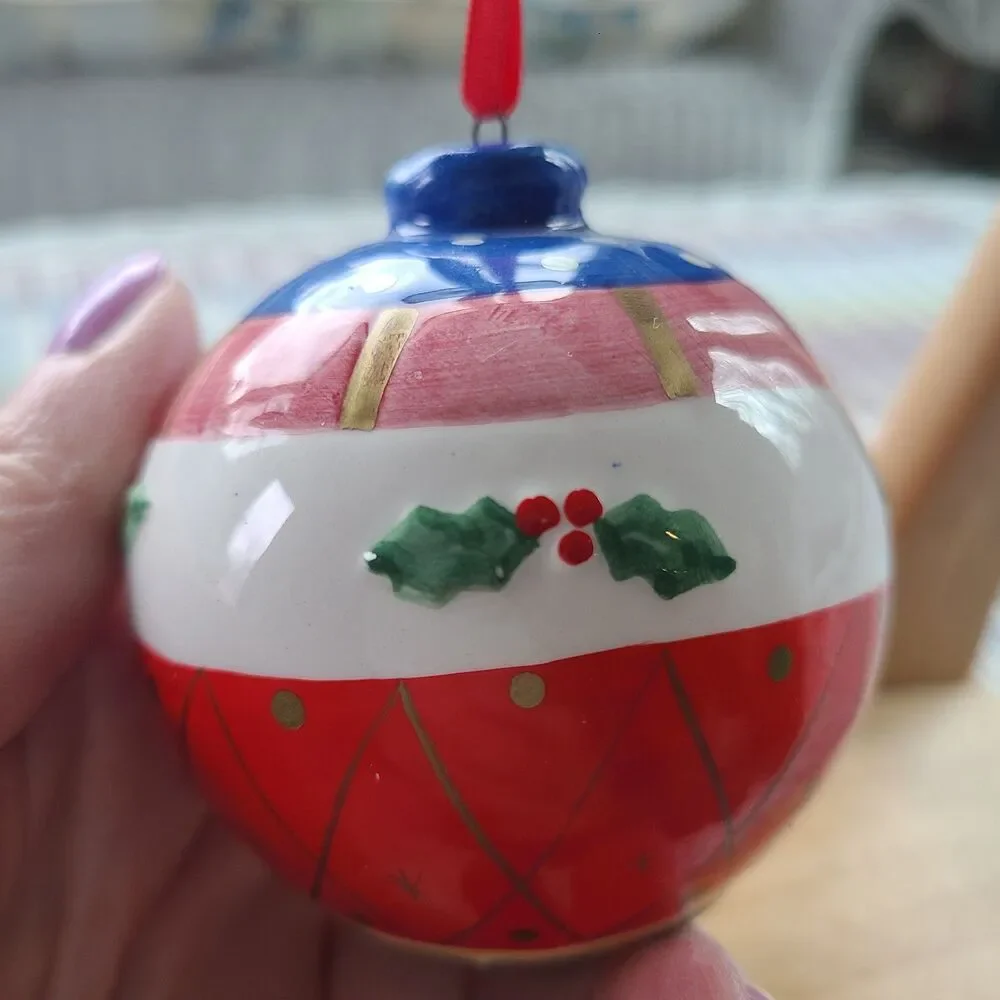 Vintage Hand-Painted Handmade Ceramic Christmas Ornament Holly Berry Red Ribbon